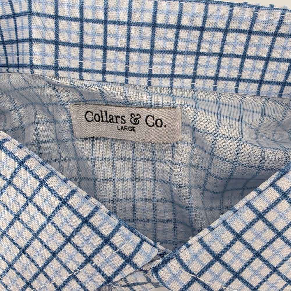 Collars & Co Mens‎ Dress Collar Polo Shirt Blue White Check Grid Large NWT - Picture 4 of 8